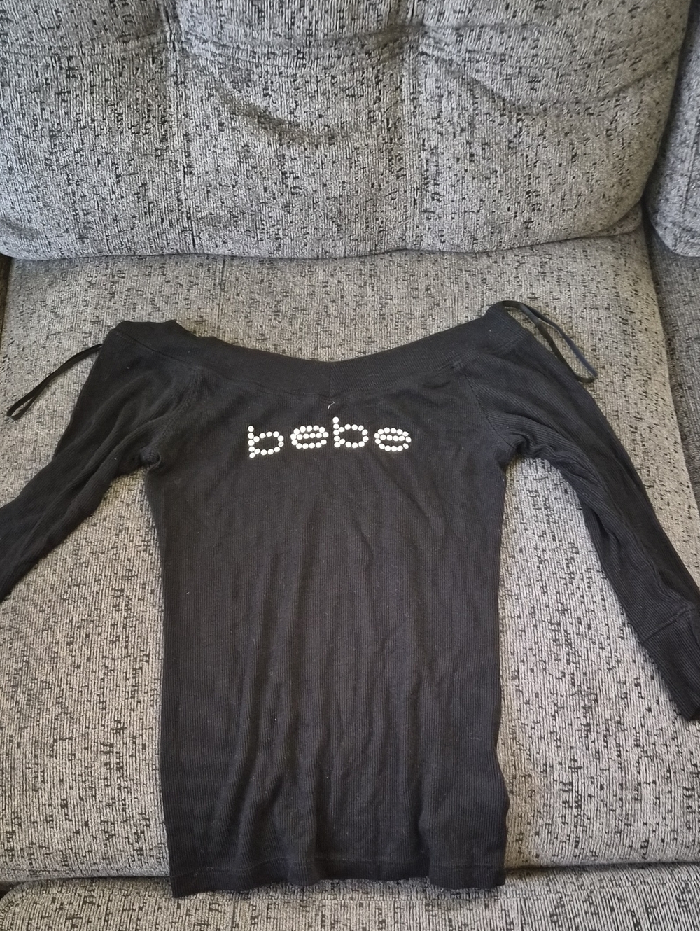 bebe Black Off-Shoulder Long Sleeve Top with Rhinestone Logo